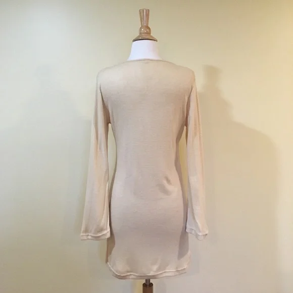 Lace Up V Neck Bell Sleeve Knit Sweater Dress Sand Beige - Picture 3 of 4